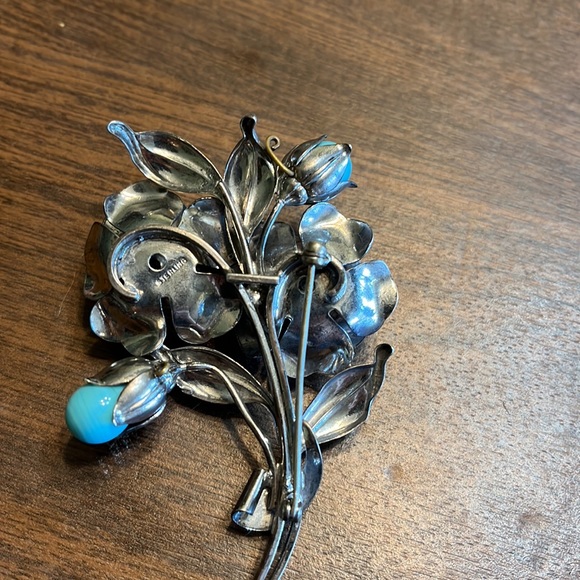 Sterling Silver Rose Brooch with Blue Moonstone Beads - Picture 3 of 3